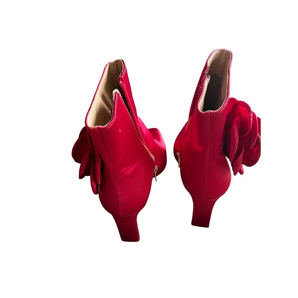 Red Satin Rosette Ankle Boots Pointed Toe Stiletto Sz 8.5